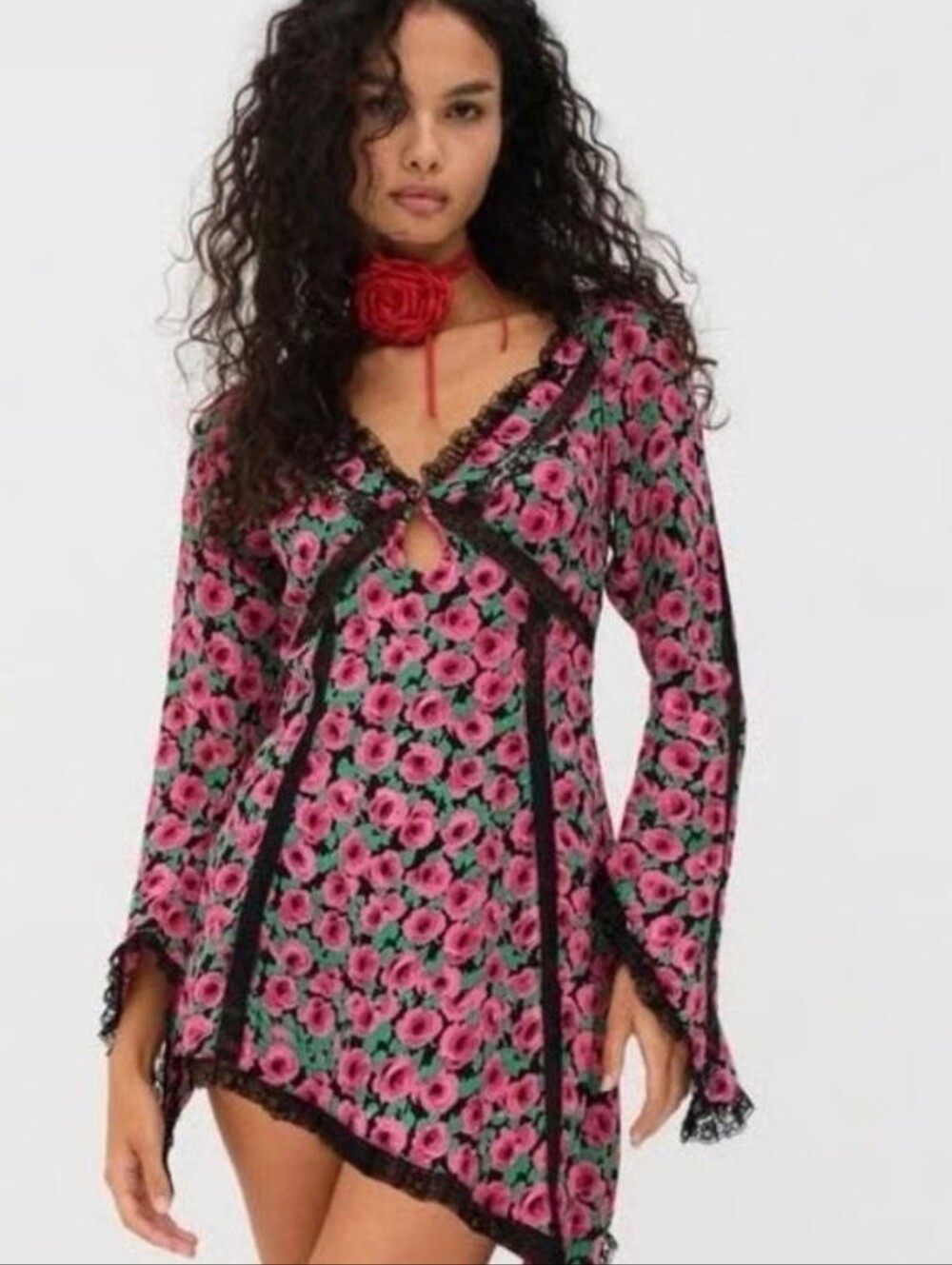 For Love & Lemons Floral Pink & Blackl Lace Trim Tunic Dress